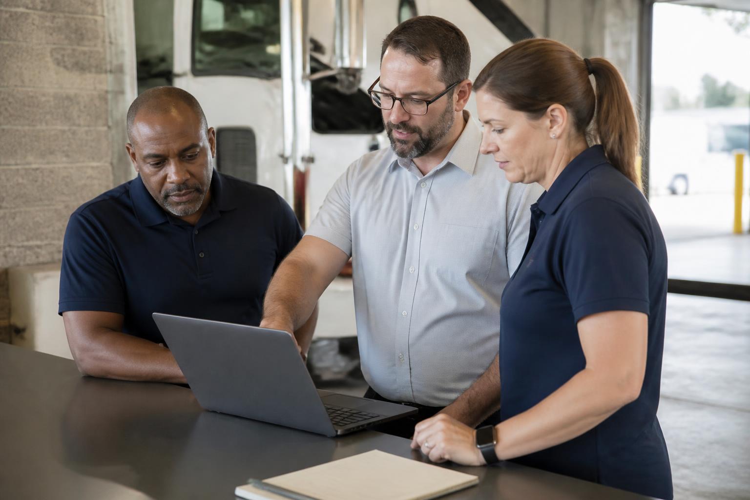 Public fleet managers reviewing operations data on a laptop inside a municipal fleet facility